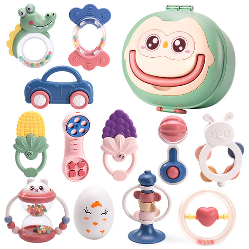 Baby rattle toy can be boiled, educational teether can be chewed, newborn baby hand rattle with storage box for gift