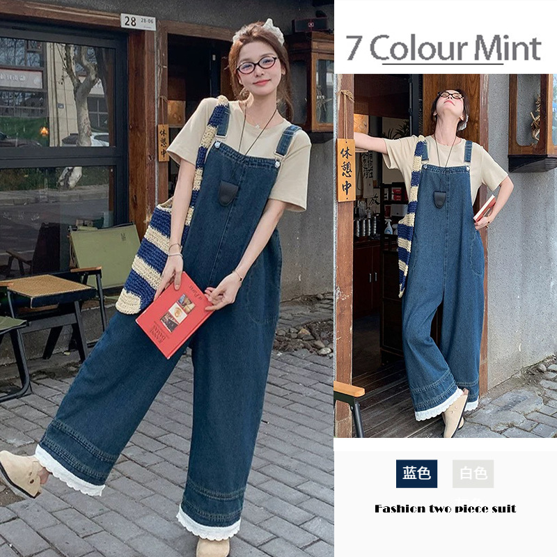 In-Stock Summer New Hong Kong Style Loose Casual Jumpsuit Reversible Maternity Overalls + Short-Sleeve T-Shirt Set