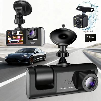 3-lens dashcam with high-definition reversing image, 3-lens recorder, mobile phone connected car recorder