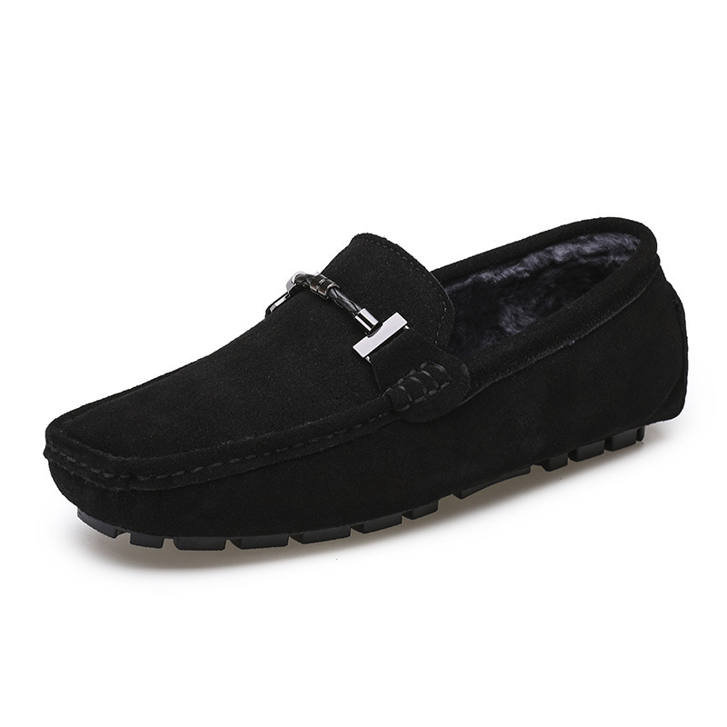 Autumn and Winter New Men's Fashionable Metal Buckle Casual Flip-on Shoes with Velvet Warm Cross-border Large Size Men's Shoes