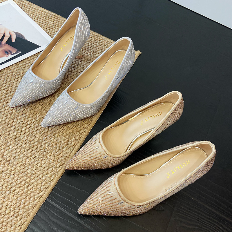 2026 New Style Rhinestone Pointed Toe High Heels Women's Stiletto Bridal Wedding Shoes Banquet Dress Shoes Single Shoes B835-Es215