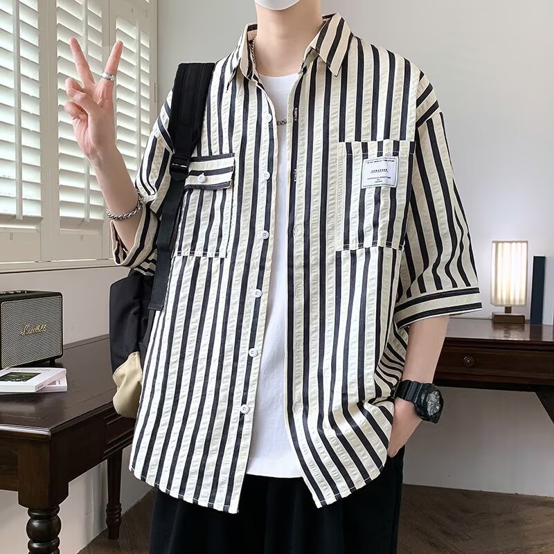 Ice Silk Short-sleeved Shirt Men's Summer Thin Trendy Brand Loose plus size All-match Half-sleeved Jacket for Students and Teenagers