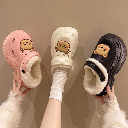 Winter Extra Thick Fleece Lined Heeled Women's Slip-on Shoes with Cotton Pockets, Suitable for Indoor and Outdoor Wear