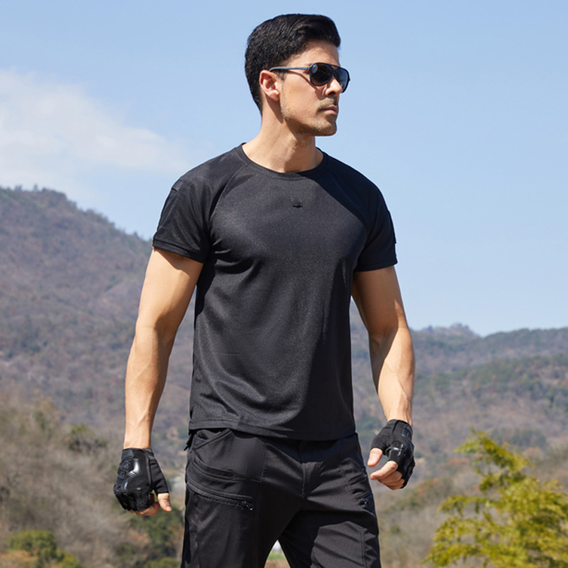 Camiseta de manga corta elástica al aire libre, secado rápido, camiseta de entrenamiento transpirable de malla de verano para hombres, camiseta de cuello redondo táctica suelta, manga corta