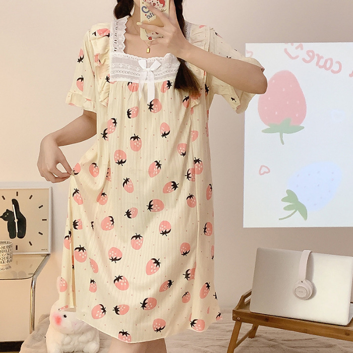 Verano de manga corta camisón de encaje de la muchacha pijamas princesa estilo suelto más tamaño de dibujos animados ropa para el hogar al por mayor