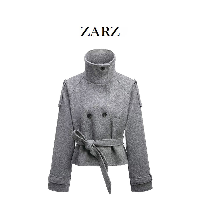 Zarz Self-Made European and American Style New Women's Fashion Casual Double-Breasted Jacket with Built-In Waist Strap