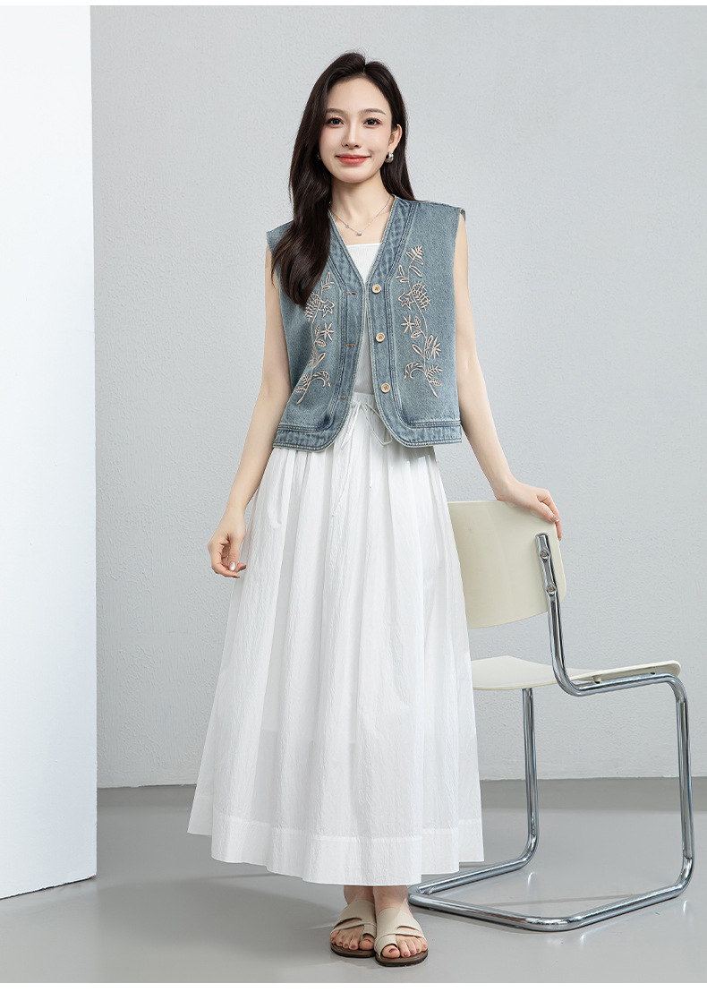Áo vest denim thêu hoa nữ không tay, phong cách rộng thoải mái — xanh lam chi tiết 20