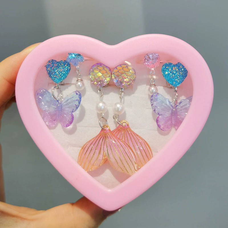 Children's ear clips, cartoon earrings, ring, set, no pierced ears