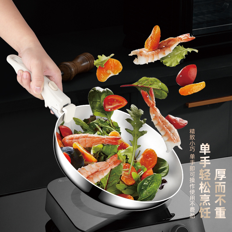 Olla de mango desmontable 18-10 sartén de acero inoxidable sartén antiadherente olla de cocina sartén de una pieza de fondo plano al aire libre para el hogar