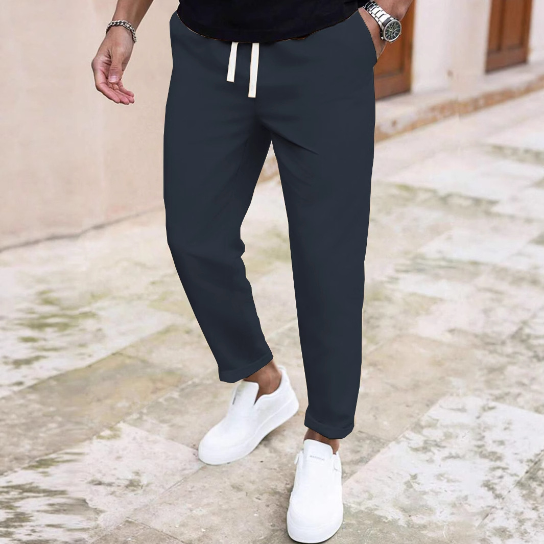 "Men's Slim Fit Casual Pants - Solid Color Drawstring Waist, Lightweight Polyester For Everyday Comfort & Street Style"_viptrois.com