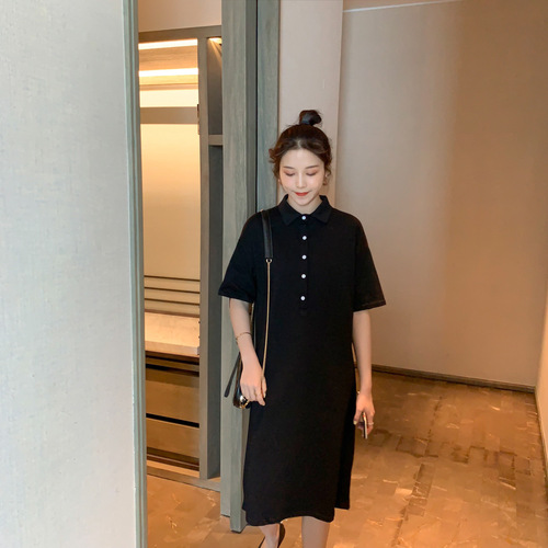 Maternity summer loose plus-size petite fashionable black polo shirt T-shirt middle-length casual dress