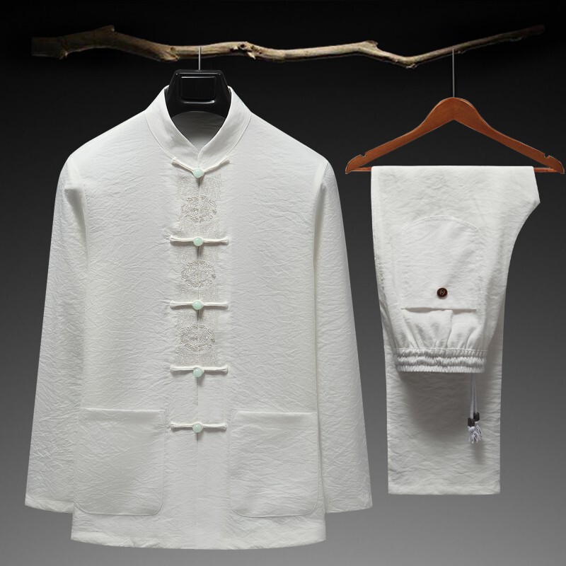 Chinese Style Cotton and Linen Tang Suit Chinese suit Middle-aged and Elderly Men's Long-sleeved Long-sleeved Embroidery Spring and Summer Thin Short-sleeved Clothes