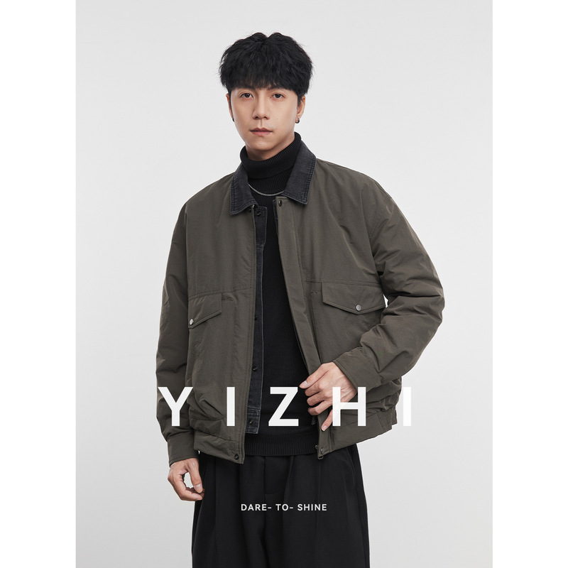 Yizhi【Jianchao】90 White Duck down Fashionable down Jacket for Men, Vintage Loose Fit Turn-Down Collar Fake Two-Piece Coat