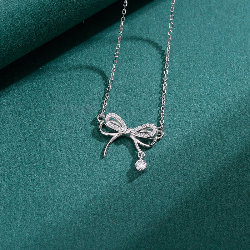 Simple Style Bow Knot Sterling Silver Pendant Necklace Inlay Zircon 925 Silver Necklaces