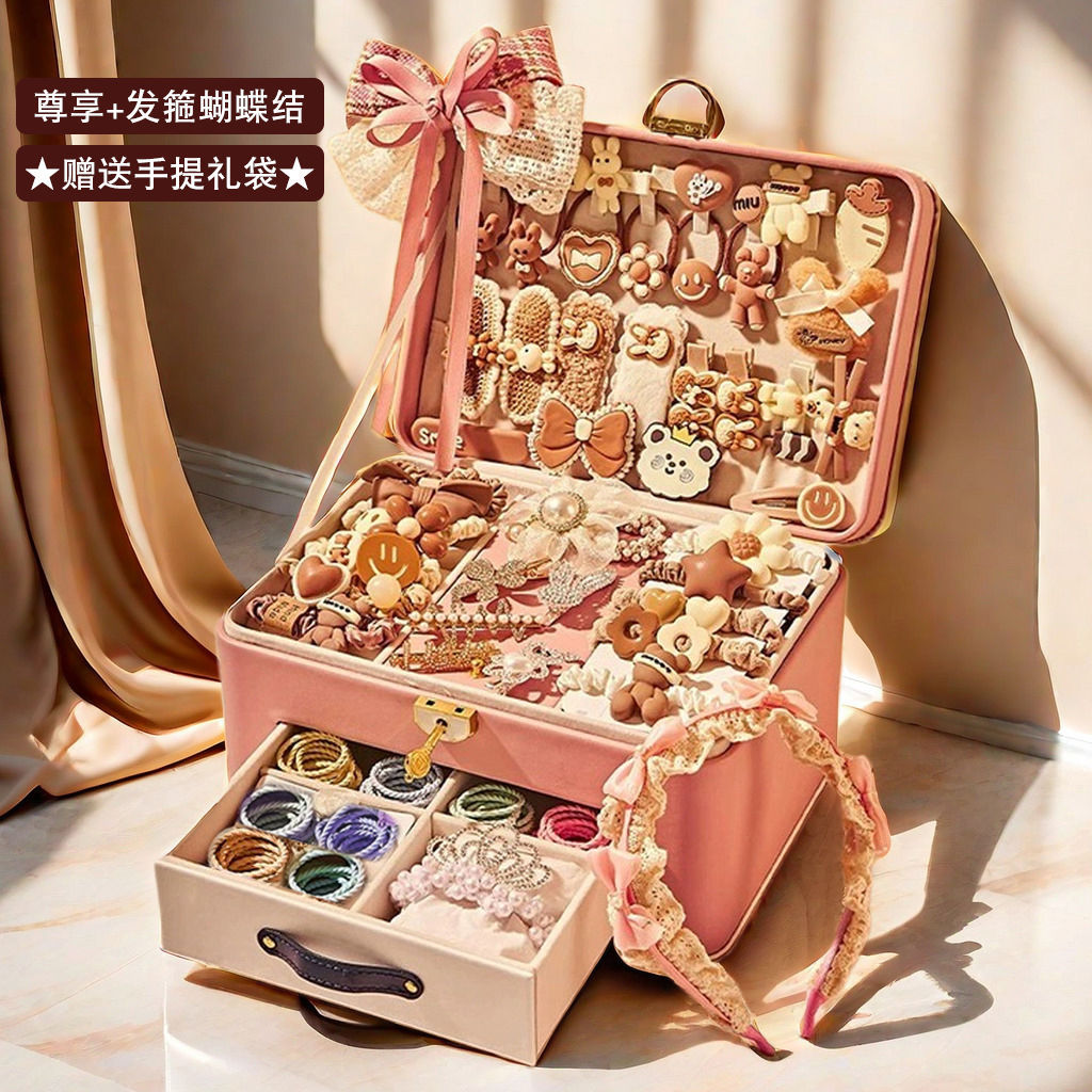 커피컬러 헤어 액세서리 세트 선물박스 [단독판+머리띠] 핑크