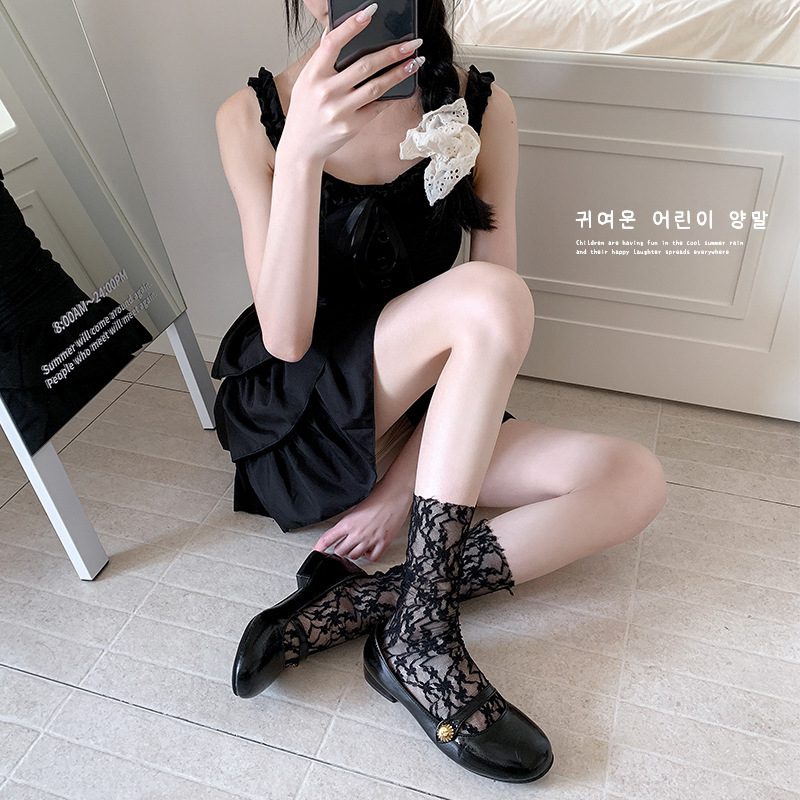 Calcetines de pila de estilo fino de verano, flor de encaje, medias jk huecas, estilo de ballet, malla transpirable, chica miu, tubo medio