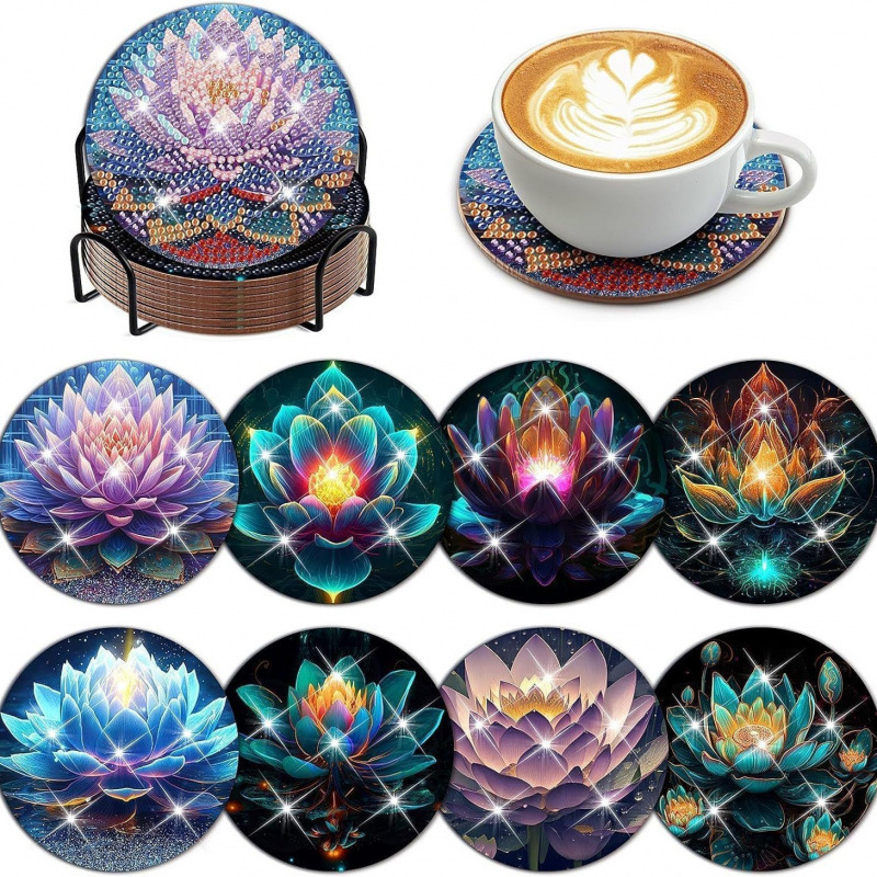 Ventas transfronterizas calientes de 8 piezas de conjunto de cojín de taza de arte de diamante, con soporte, pequeño conjunto de pintura de diamante, adecuado para adultos
