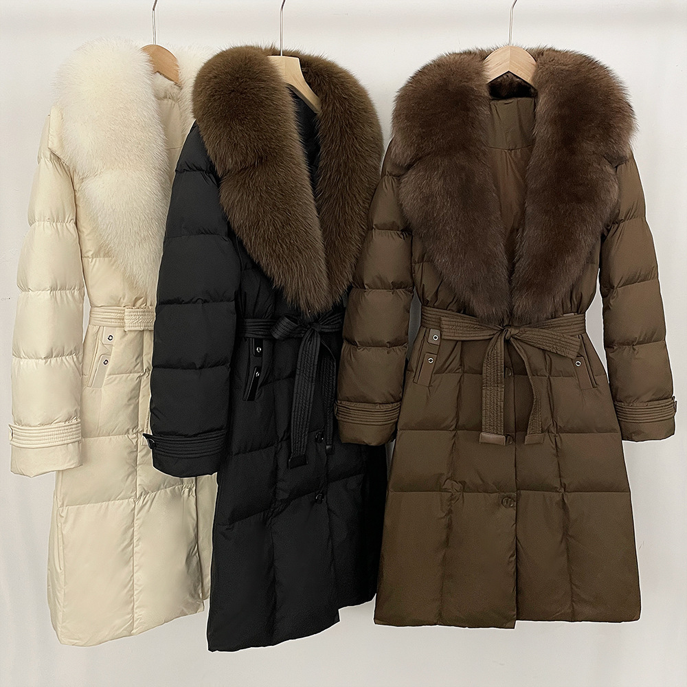 New High-End Celebrity Style Fox Fur Collar Mid-Length down Jacket with Tie Waist, Slimming and Warm down Coat