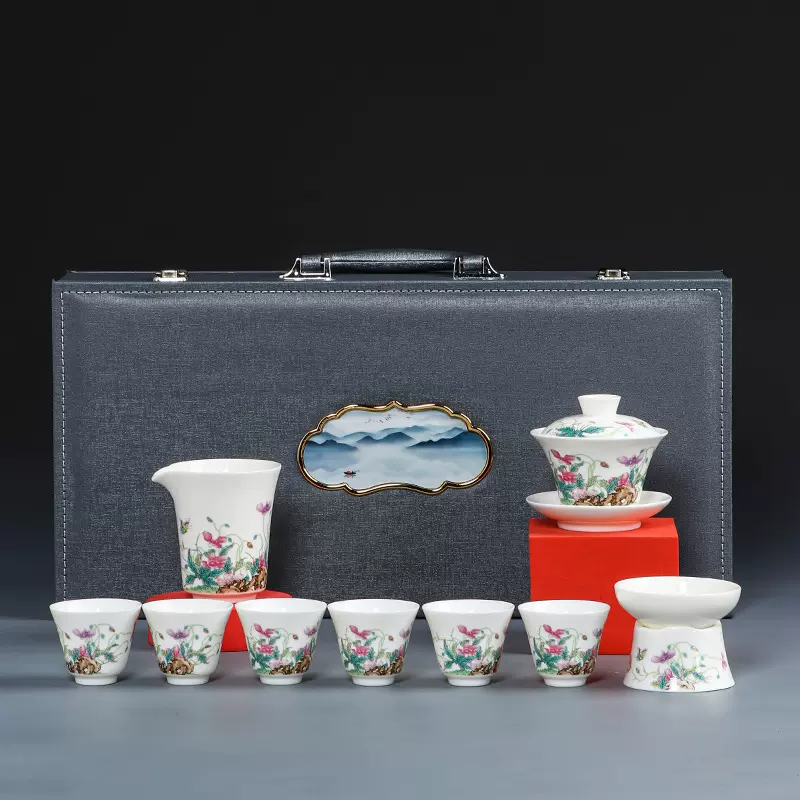 羊脂玉瓷虞美人茶具套装盖碗礼盒装伴手礼家用办公室泡茶功夫茶