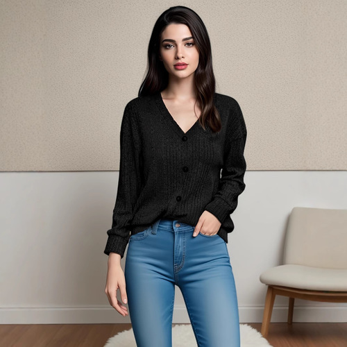 European and American Women's Autumn/Winter Knitted Button Sweater, Casual Long-Sleeve Loose T-Shirt Top for Women