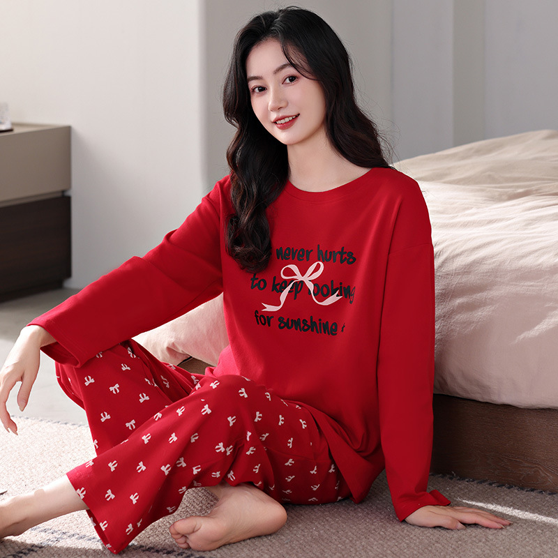 붉은 여성 잠옷 봄과 가을 면화 2025 년 뱀의 새 플러스 사이즈 통통녀 가을과 겨울 올해 가정 의류 도매