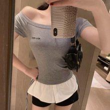 25夏季新款纯欲辣妹风斜肩抽绳收腰拼接衬衫裙式上衣女款