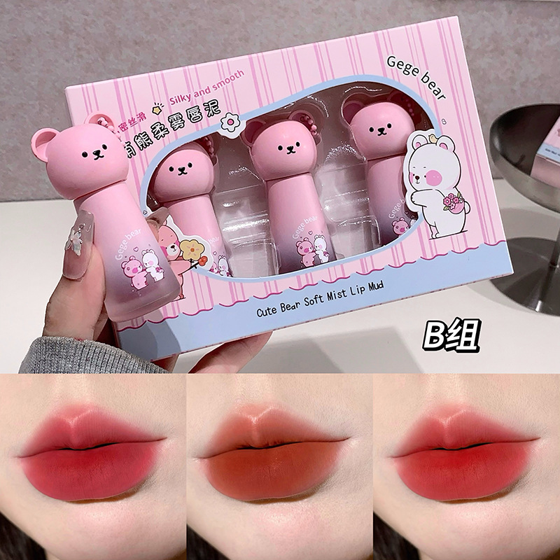 Gegebear Bear Soft Mist Lip Mud Cover Box no es fácil de tocar tazas de terciopelo mate no es fácil de descolorar el conjunto de lápiz labial blanco