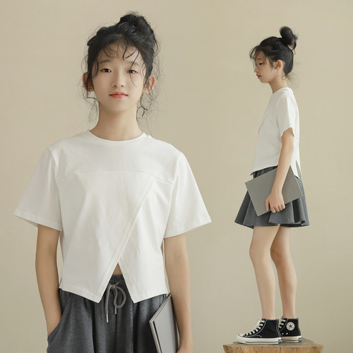 Pure Color Front-Back Slit Top 2024 Unique Design Women's Youth Fashion Short Sleeve T-Shirt for Girls and Teenagers Versatile and Casual Workwear Short Length Top