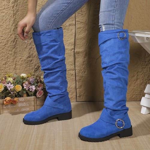 Wide women's shoes with creases, over-the-knee stack boots, belt buckle, chunky heels, fashion boots