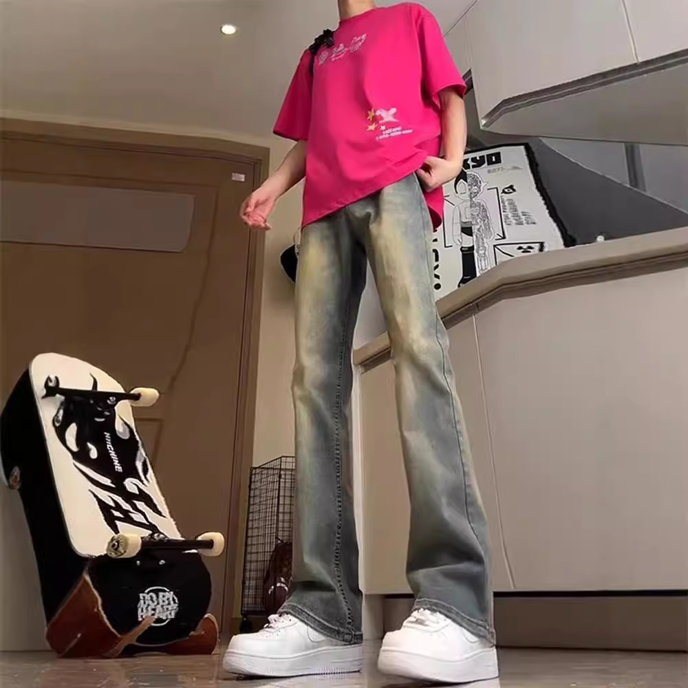 Lavados con agua hechos viejos jeans de estilo americano de alta calle vibe viento hombre vintage slimming rectas pantalones largos