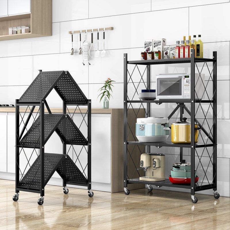 厨房免安装折叠置物架微波炉可移动货架收纳架落地双层家用储物架