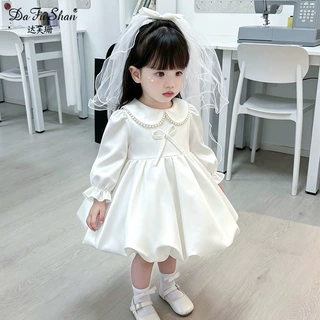 女童连衣裙春秋新款宝宝生日周岁礼服儿童白色高级珠光缎面公主裙