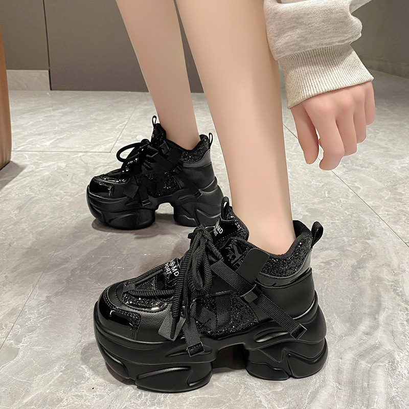 European Women's Shoes 2024 Autumn New Lace-Up Platform Thick-Soled Dad Shoes with Internal Height Increase Sports Casual Shoes for Women