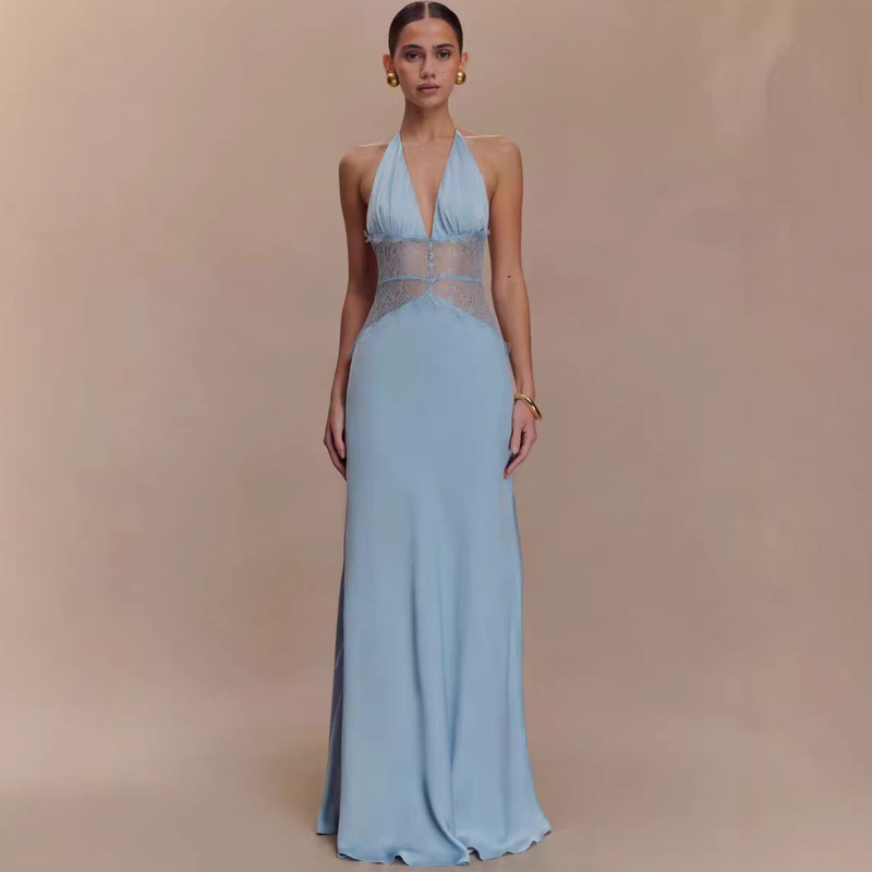 French-Style Deep V-Neck Backless Halter Neck Dress with Lace Patchwork, Waist-Cinching, Sheer, Over-The-Knee Long Dress for Women French-Style Deep V-Neck Backless Halter Neck Dress with Lace Patchwork, Waist-Cinching, Sheer, Over-The-Knee Long Dress for Women