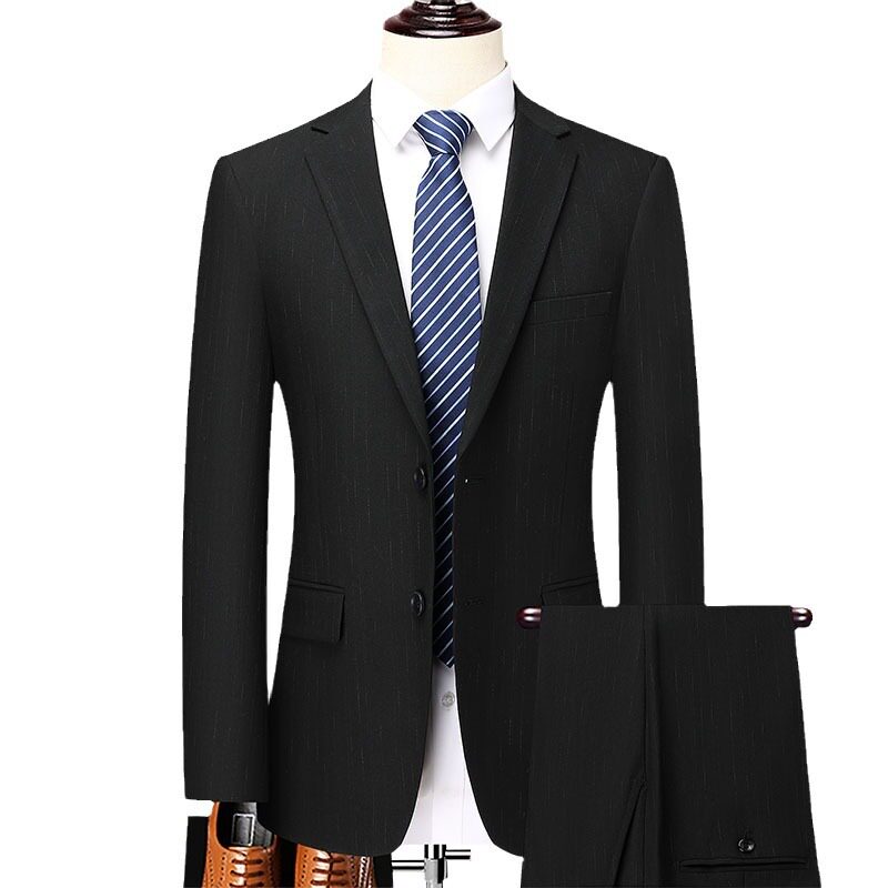 Bộ vest nam công sở giả len xẻ tà sau, áo vest một hàng hai nút dáng thon, phù hợp đi làm và dự tiệc cưới — Màu đen