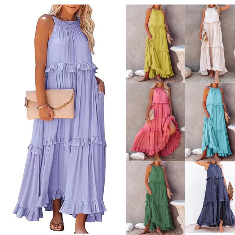 European and American 2025 New Summer Vacation Style Ruffled Long Dress Amazon Big Swing Elegant Beach Dress for Women