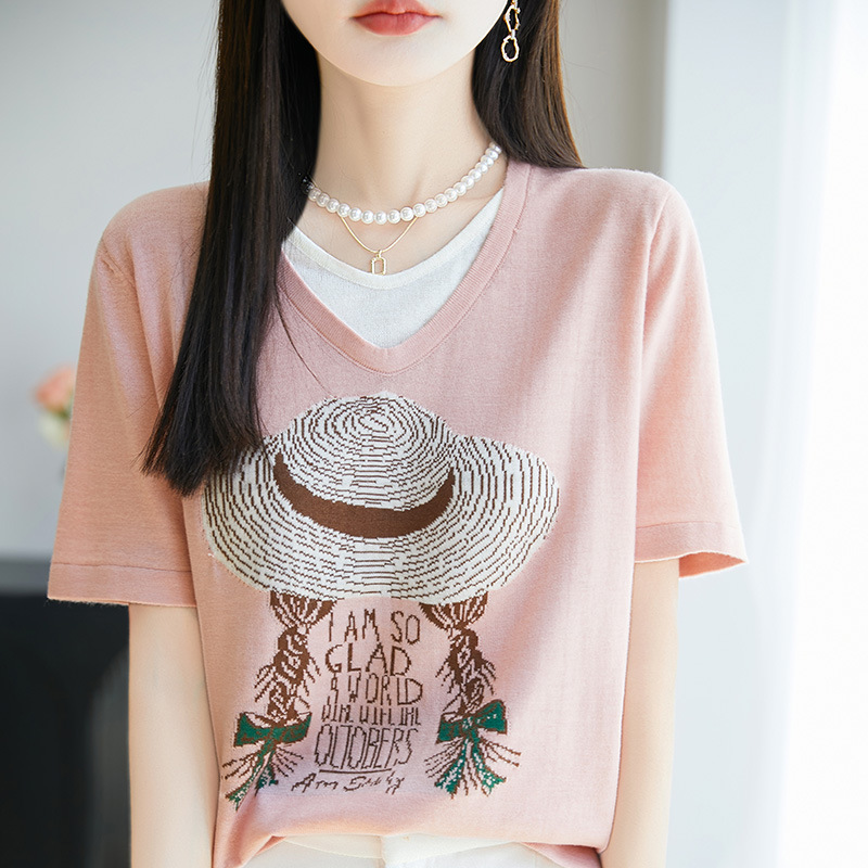 모자 소녀 컬러 블록 가짜 투피스 루즈 풀오버 반팔 티셔츠 여성 여름 얇은 편안한 틈새 여성상의 유행