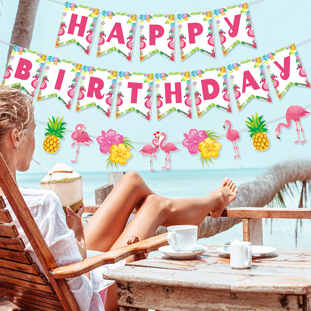 Fábrica al por mayor decoración del partido Hawaiano flamenco piña tirar bandera Feliz cumpleaños tirar flor tirar bandera