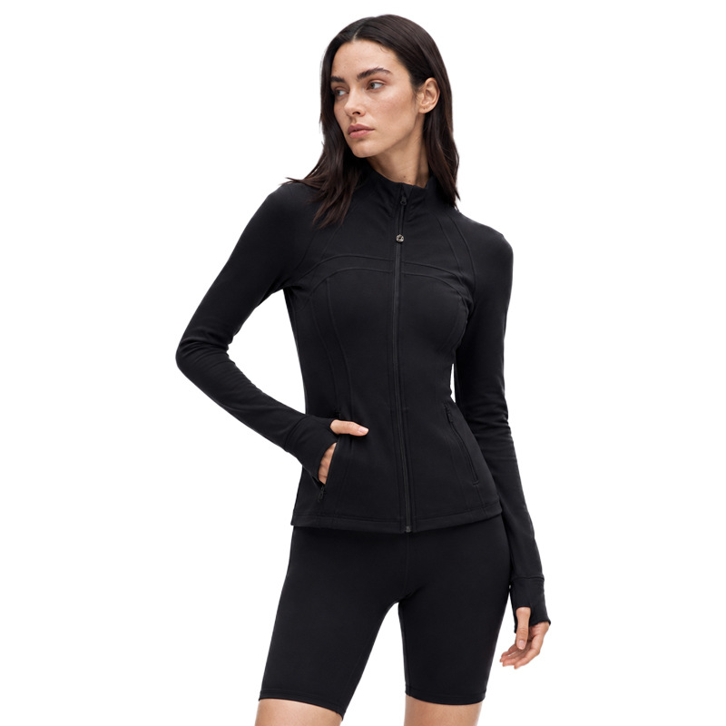 Ropa de yoga para mujer, cuello alto, cremallera, top deportivo de manga larga para correr, chaqueta elástica ajustada con tacto suave.