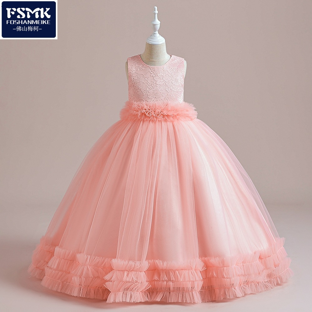 Amazon nuevo vestido de niña de las flores vestido largo vestido de novia de las niñas bordado malla princesa pettiskirt vestido de los niños