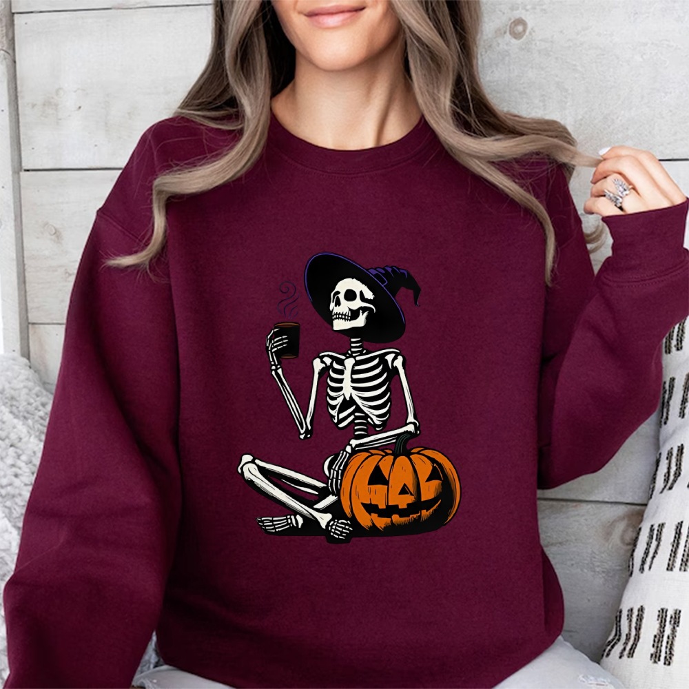 Skeleton Pumpkin Halloween Long Sleeve Top Retro Fall Coffee