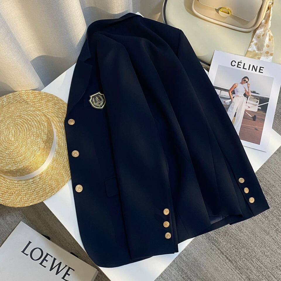 Áo blazer nữ dáng ngắn phong cách Hàn Quốc, áo khoác vest nữ tay dài cổ vest phối nút — màu xanh hải quân, màu đen chi tiết 1
