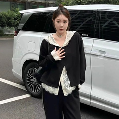 大きいサイズのおしゃれなスウェットセット、ゆったりスタイルの女性用秋服、ぽっちゃりさん向け通勤用無地レースベスト重ね着トップス、ワイドパンツ