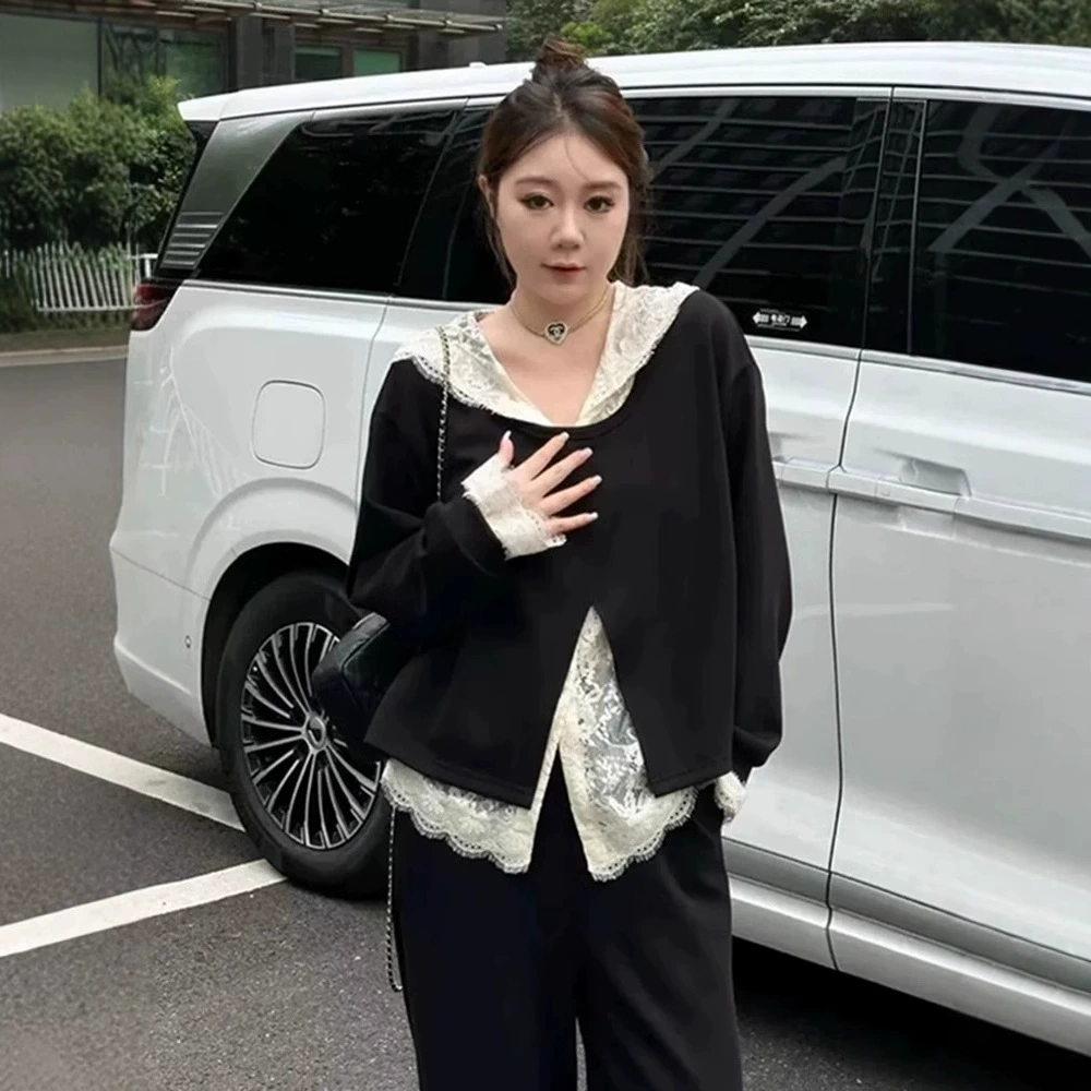 Комплект свитшотов больших размеров, повседневный стиль для женщин, осень, для полных женщин, для работы, однотонный топ с кружевной вставкой, широкие брюки.