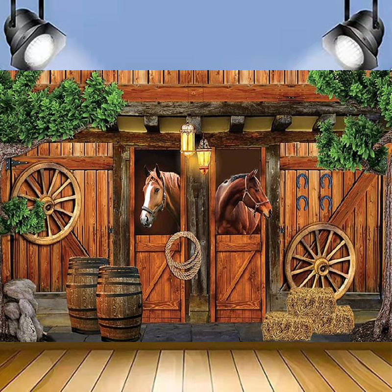 Foreign Trade Western Cowboy Horse in the Barn Photography Background Cloth Baby Shower Party Banner Photography Studio 5x7