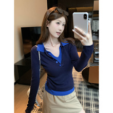 蓝色拼接假两件大领口长袖针织衫女早秋设计感内搭短款打底衫上衣
