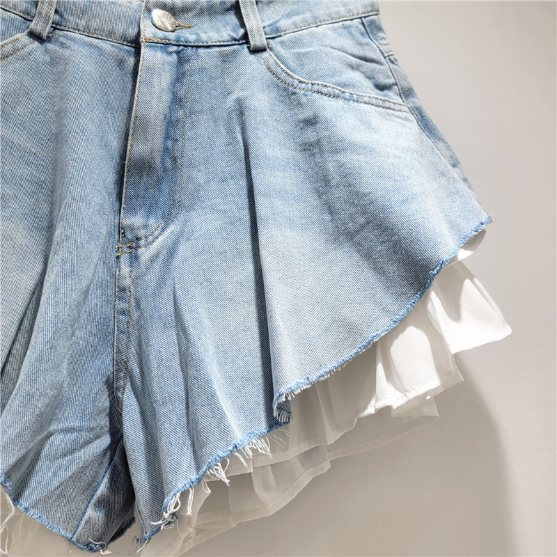 Pantalones Cortos Jeans de Doble Capa Falsa Mezclilla Cintura Alta para Mujer