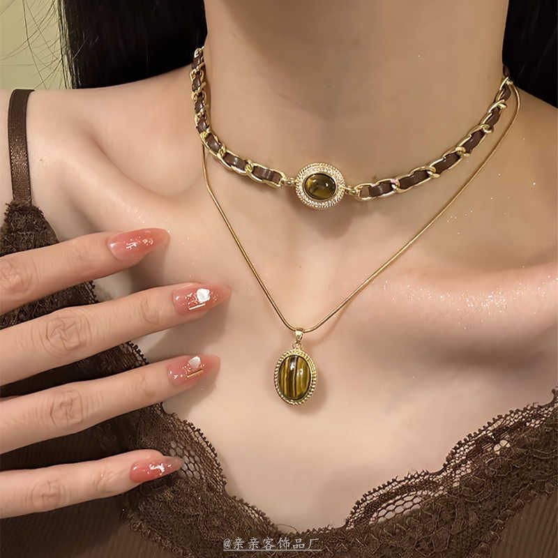 【复古虎眼石】2025新款秋冬美拉德双层叠戴项链气质皮绳choker女