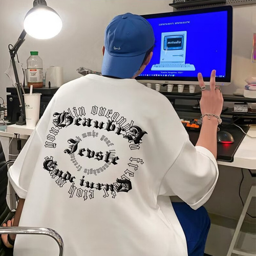 Men's Short Sleeve T-Shirt Summer Trend Brand Printed Clothing Loose Ins Fashion Summer Top Five-and-a-Half-Sleeve