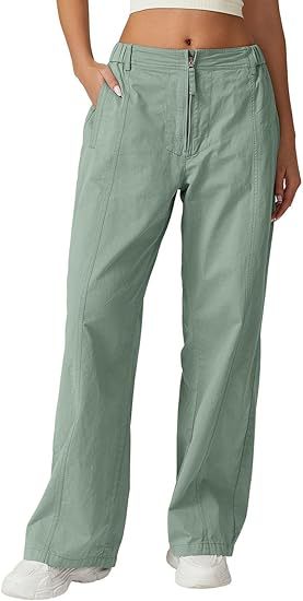 Pantalones anchos con cremallera frontal para mujer explosiva de Amazon transfronteriza, monos casuales de cintura alta, pantalones anchos con bolsillos de algodón